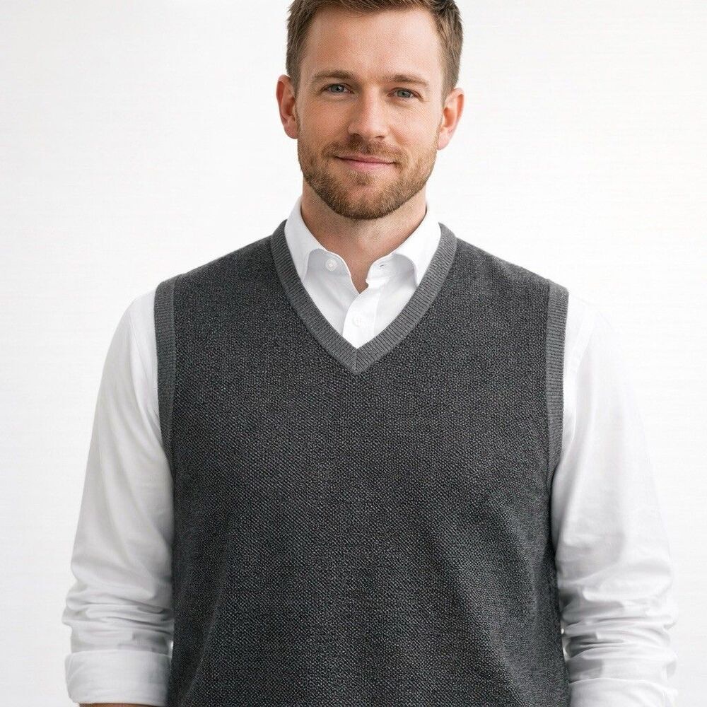 Haggar Sweater Vest Mens M Gray V Neck Knit Cotton Classic Preppy